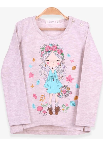 Kız Çocuk Uzun Kollu Tişört Kız Çocuk Baskılı 2-6 Yaş, Bej Melanj