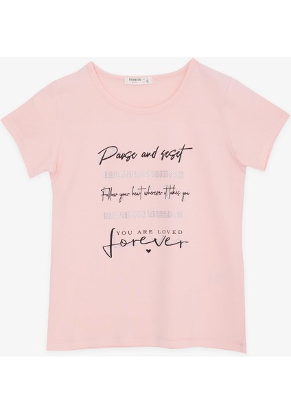 Kız Çocuk Tişört Taşlı Yazı Baskılı 8-14 Yaş, Somon
