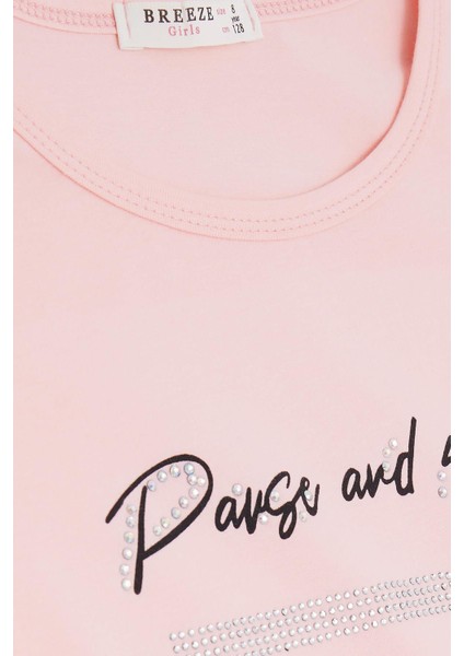 Kız Çocuk Tişört Taşlı Yazı Baskılı 8-14 Yaş, Somon modelleri