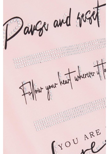 Kız Çocuk Tişört Taşlı Yazı Baskılı 8-14 Yaş, Somon fırsatları