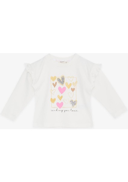 Kız Çocuk Uzun Kollu Tişört Simli Kalp Baskılı Fırfırlı 1-4 Yaş, Ekru