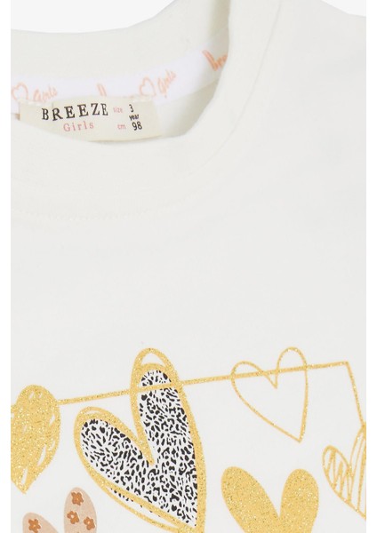 Kız Çocuk Uzun Kollu Tişört Simli Kalp Baskılı Fırfırlı 1-4 Yaş, Ekru modelleri