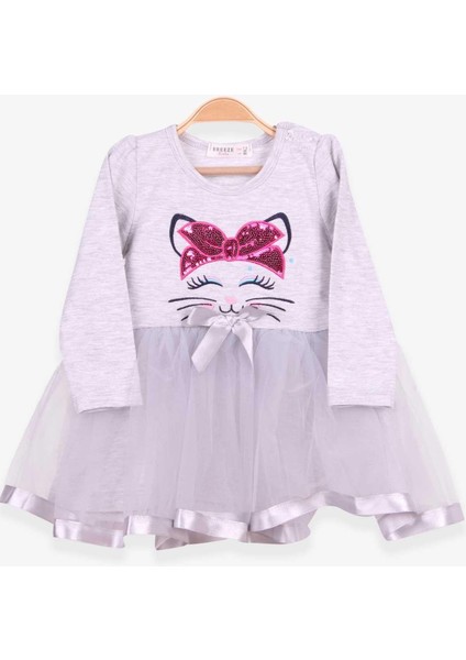 Kız Çocuk Uzun Kollu Elbise Kedi Nakışlı Pullu 1.5-5 Yaş, Açık Gri Melanj