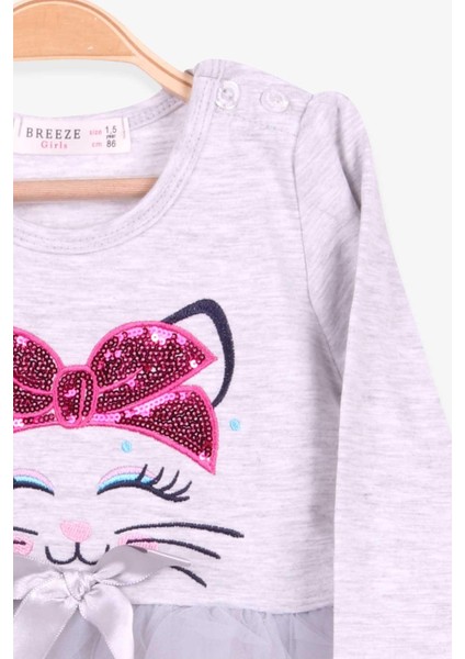 Kız Çocuk Uzun Kollu Elbise Kedi Nakışlı Pullu 1.5-5 Yaş, Açık Gri Melanj modelleri