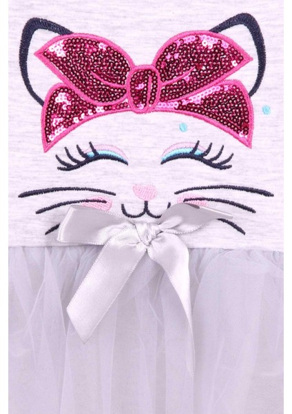 Kız Çocuk Uzun Kollu Elbise Kedi Nakışlı Pullu 1.5-5 Yaş, Açık Gri Melanj fırsatları