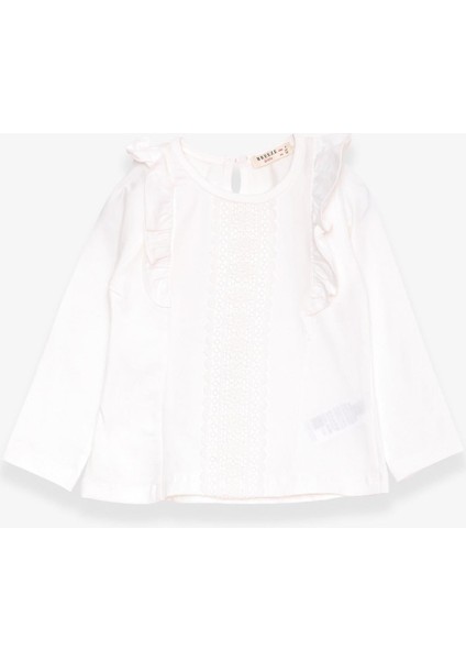 Kız Çocuk Uzun Kollu Tişört Güpürlü Fırfırlı 3-8 Yaş, Ekru