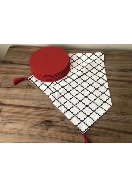 Beyaz Zemin Siyah Moroccan Desenli Runner & Supla