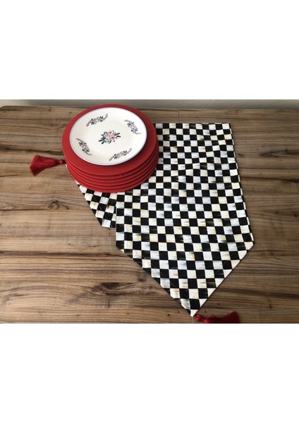 Yağlı Boya Dama Desenli Runner & Supla