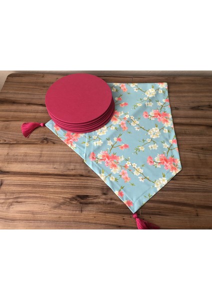 Trend Yuvam Mint Zemin Çiçek Desenli Runner & Supla