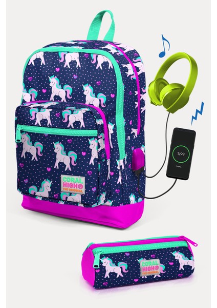 Kids Lacivert Pembe Unicorn Desenli Usb'li 2'li Okul Çanta Seti SET0223270