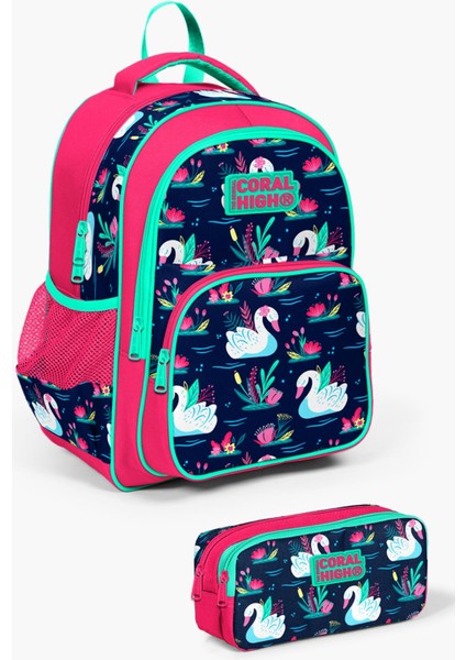 Kids Neon Mercan Lacivert Kuğu Desenli 2'li Okul Çanta Seti SET0223402