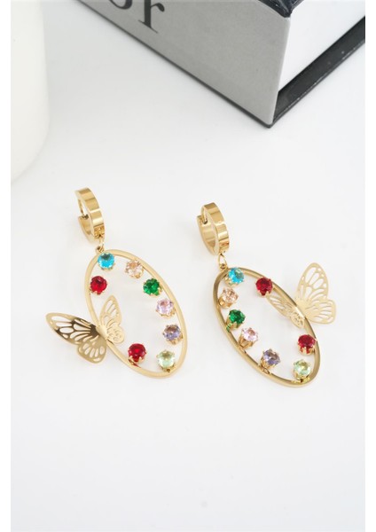 Kadın 316 L Paslanmaz Çelik Baget Zirkon Taşlı Küpe