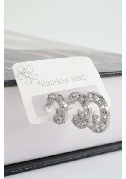 Kadın 316 L Paslanmaz Çelik Yıldız Detaylı Baget Zirkon Taşlı 3 Boy Küpe Seti