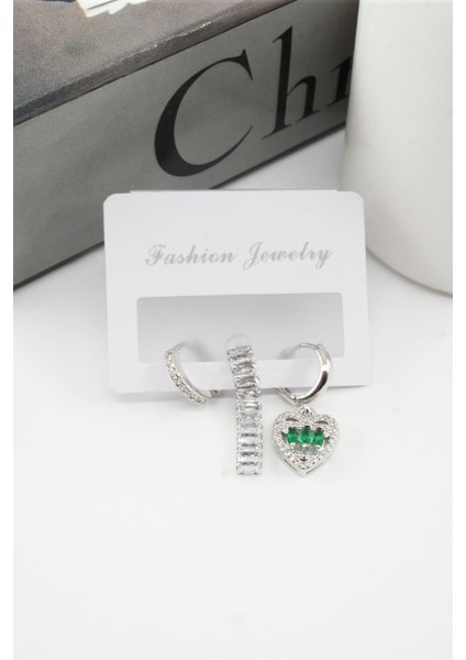 Kadın Vip Seri Zirkon Taşlı Kalp Figürlü ve Su Yolu Model 3'lü Set Küpe