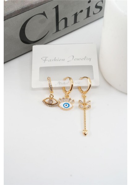 Kadın Vip Seri Zirkon Taşlı Göz Figürlü 3'lü Set Küpe