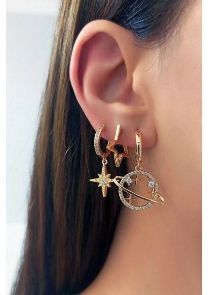 Kadın Vip Seri Zirkon Taşlı Satürn ve Yıldız Figürlü 3'lü Set Küpe