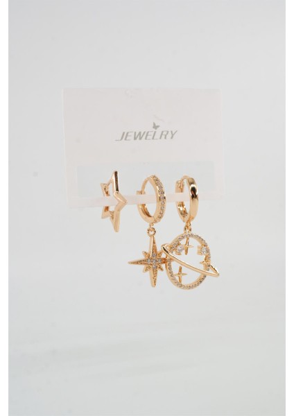 Kadın Vip Seri Zirkon Taşlı Satürn ve Yıldız Figürlü 3'lü Set Küpe fiyatları