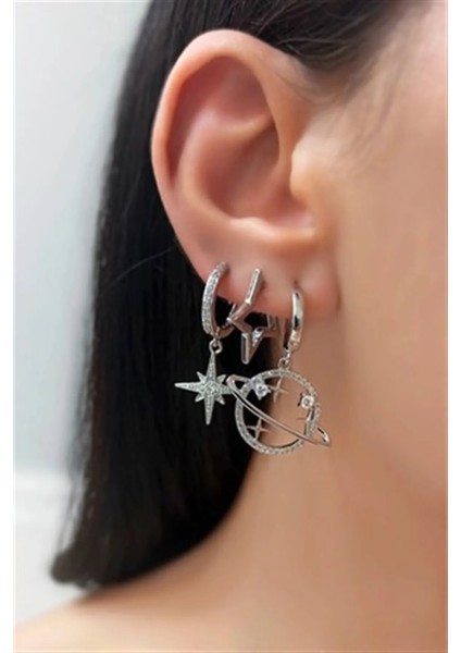 Kadın Vip Seri Zirkon Taşlı Satürn ve Yıldız Figürlü 3'lü Set Küpe