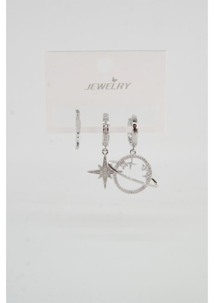 Kadın Vip Seri Zirkon Taşlı Satürn ve Yıldız Figürlü 3'lü Set Küpe fiyatları