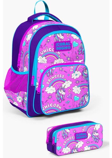 Kids Mor Açık Pembe Unicorn Desenli 2'li Okul Çanta Seti SET0223404