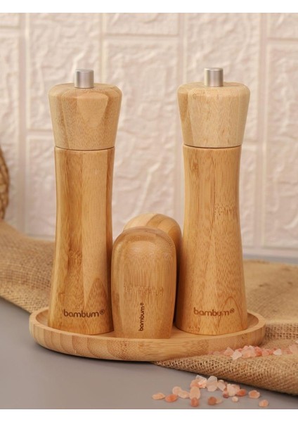 Tabaklı Tuzluk Biberlik Öğütücü Değirmen Seti 5 Parça