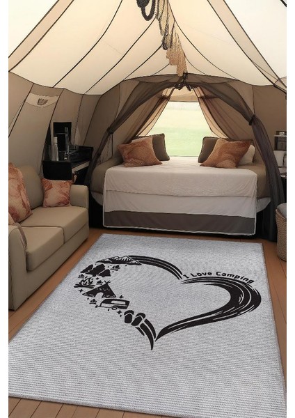 I Love Camping Kamp Hayatı Desenli Beyaz Halı,Çadır Halısı,Pamuklu Dokuma Tabanlı Yıkanabilir Halı
