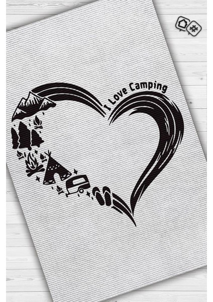 I Love Camping Kamp Hayatı Desenli Beyaz Halı,Çadır Halısı,Pamuklu Dokuma Tabanlı Yıkanabilir Halı fiyatları