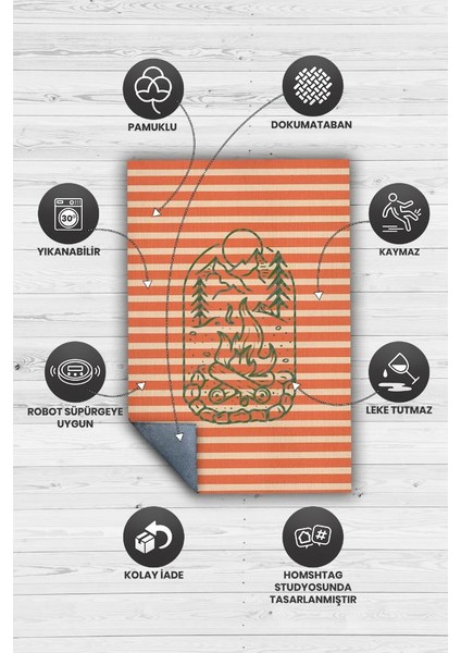 Kampçı,Çizgili Minimalist Halı,Çadır Halısı,Kamp Halısı,Pamuklu Dokuma Tabanlı Yıkanabilir Dekoratif Halı