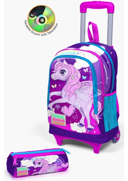 Kids Mor Pembe Unicorn Desenli Çekçekli 2'li Çanta Seti SET0223908