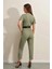 Kadın Haki Beli Lastikli V Yaka Deri Kemerli Örme Tulum HZL23S-BD170221 4