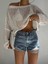 Kadın Mavi Yüksek Bel Önü Yırtık Detaylı Kot Şort Jean Denim Şort 2