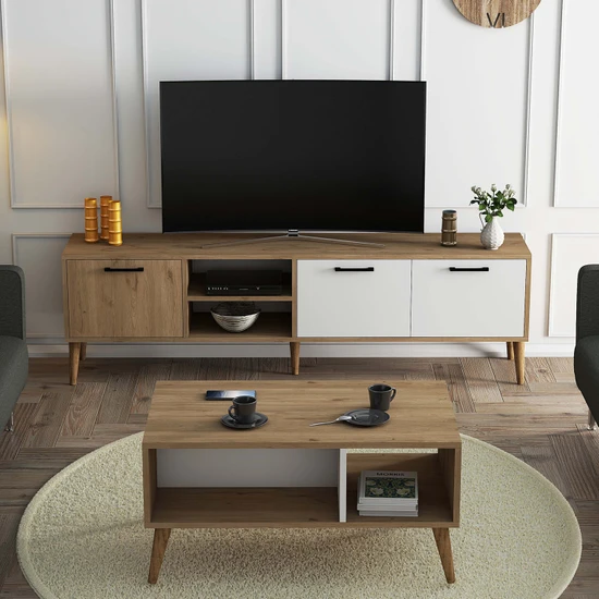 Mezza Set 1585-2074 Exxen 180 cm Tv Ünitesi + Exxen Orta Sehpa - Sepet-Beyaz Rengi