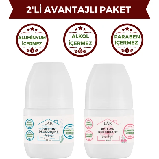 Lar Herbal Alüminyum,Paraben ve Alkol İçermeyen  Vegan Ferah ve Çiçek Kokulu Roll-on Deodorant 2li Avantajlı Paket  50ml