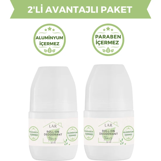 Lar Herbal Alüminyum ve Paraben İçermeyen Vegan Unisex Temiz Kokulu Roll-on Deodorant 2li Avantajlı Paket 50ml