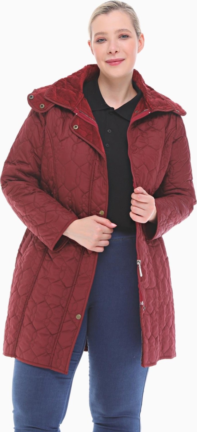 Vetre Kadın Büyük Beden Kapüşonlu 95 Cm Bordo Kapitone Mont 1016 görsel 4