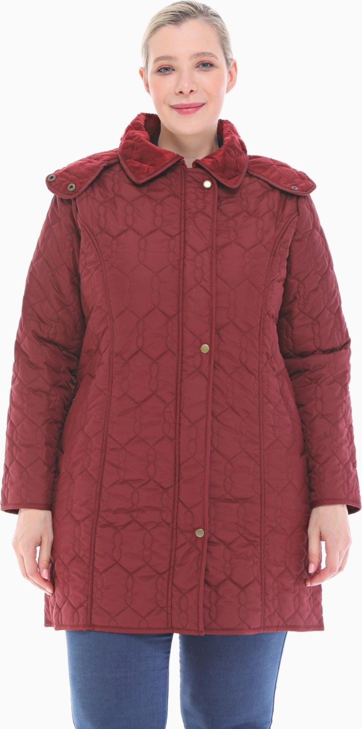 Vetre Kadın Büyük Beden Kapüşonlu 95 Cm Bordo Kapitone Mont 1016