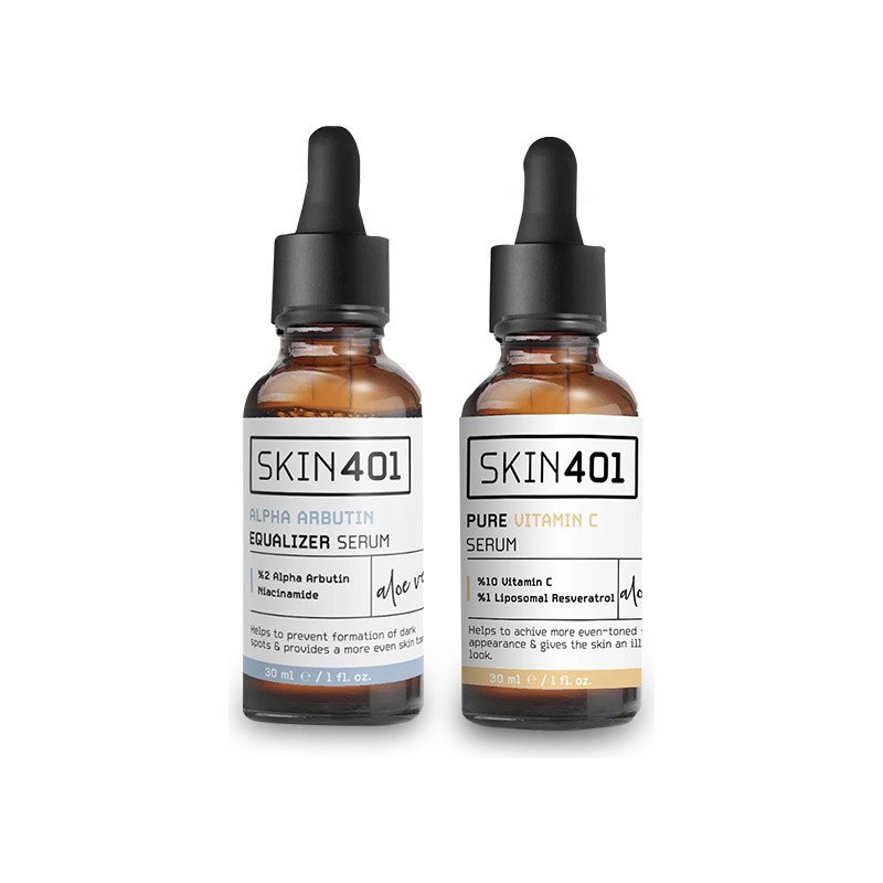 Skin401 Cilt Bakım Seti: Aydınlatıcı ve Leke Karşıtı Alpha Arbutin ile Saf C Vitamini Serumu (2×30 ml)