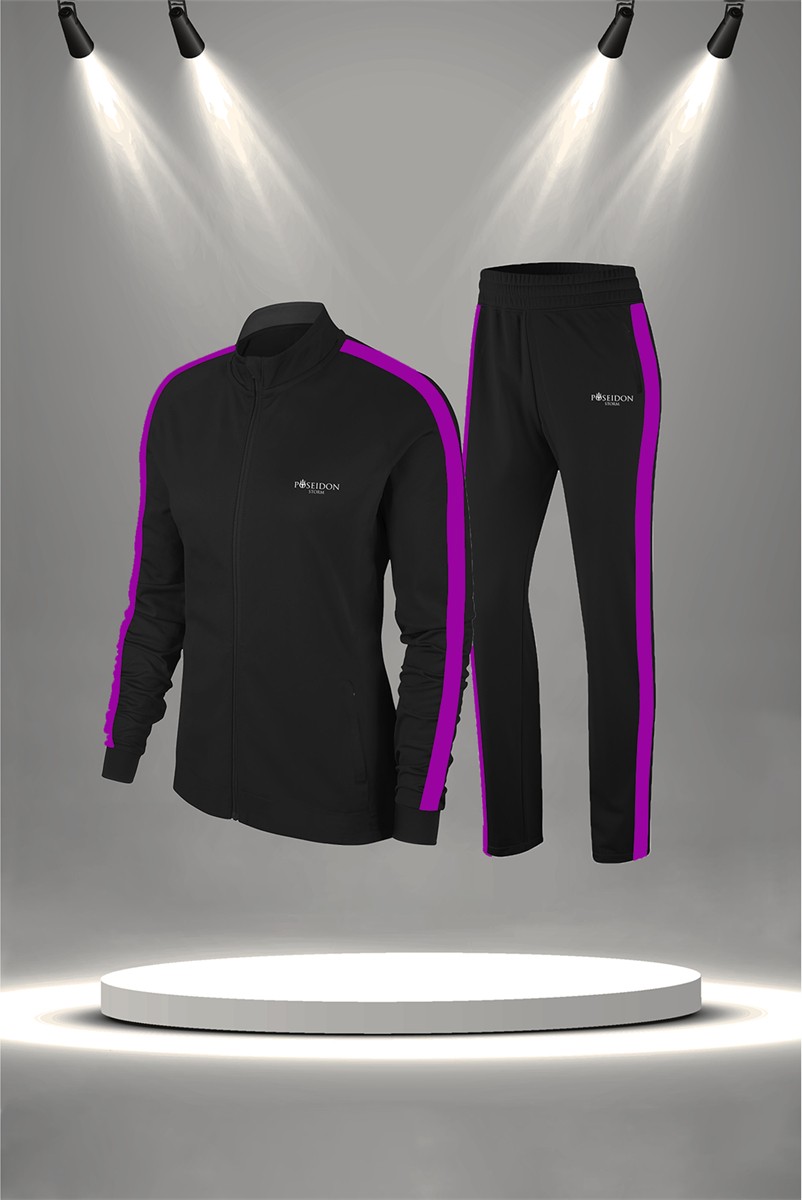 POSEIDON STORM Büyük Beden Kadın Siyah Supra Penye Kumaş Koşu ve Egzersiz Eşofman Seti (4XL-10XL) görsel 2