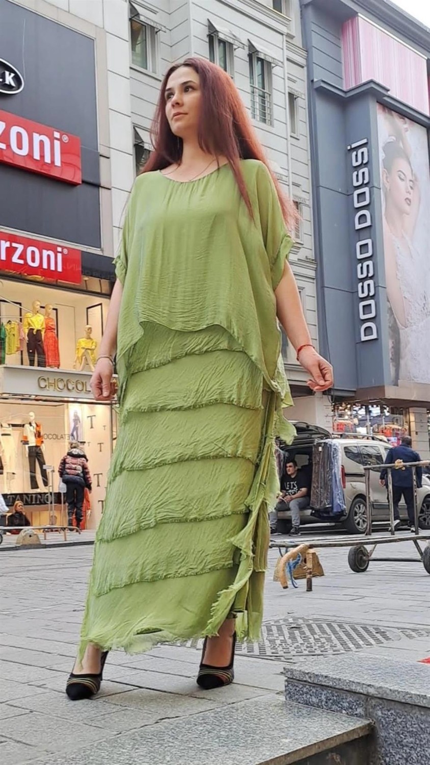 Bohem Stil İtalyan 2 Beden Ince Gösteren Yarım Kol Kat Kat Ipek Elbise görsel 4