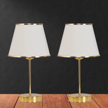 Art&Gift Star Gold Ayaklı Abajur Şeritli Krem Kumaş Başlık Yatak Odası Salon Masa Lambası 2 Adet