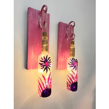 Peri LED Aydınlatma Ahşap Dekorlu, Vitray El Boyama Şarap Şişesi Aplik 2'li Set