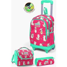 Coral High Kids Neon Mercan Su Yeşili Alpaka Desenli Çekçekli 3'lü Çanta Seti GOSET0123364