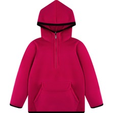 ASL Kids Colors Çocuk Polar Kanguru Cepli Ceket Kapşonlu Yarım Fermuarlı Sweatshirt Koyu Pembe