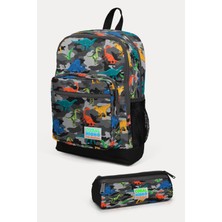 Coral High Kids Koyu Gri Siyah Kamuflaj Dinazor Desenli 2'li Okul Çanta Seti SET0223474