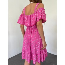 Cof Butik Çiçek Desen Omuz Detay Askılı Elbise Fuşya
