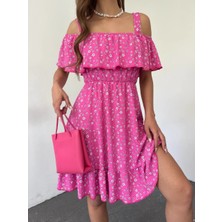 Cof Butik Çiçek Desen Omuz Detay Askılı Elbise Fuşya