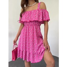 Cof Butik Çiçek Desen Omuz Detay Askılı Elbise Fuşya
