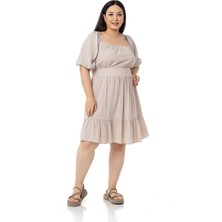 Disentis Modest Büyük Beden Sırt Dekolteli Kısa Taş Rengi Elbise