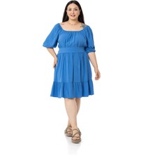 Disentis Modest Büyük Beden Sırt Dekolteli Kısa Indigo Elbise