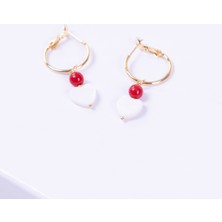 Sedef kalp ve kırmızı jade boncuklu altın kaplama halka küpe